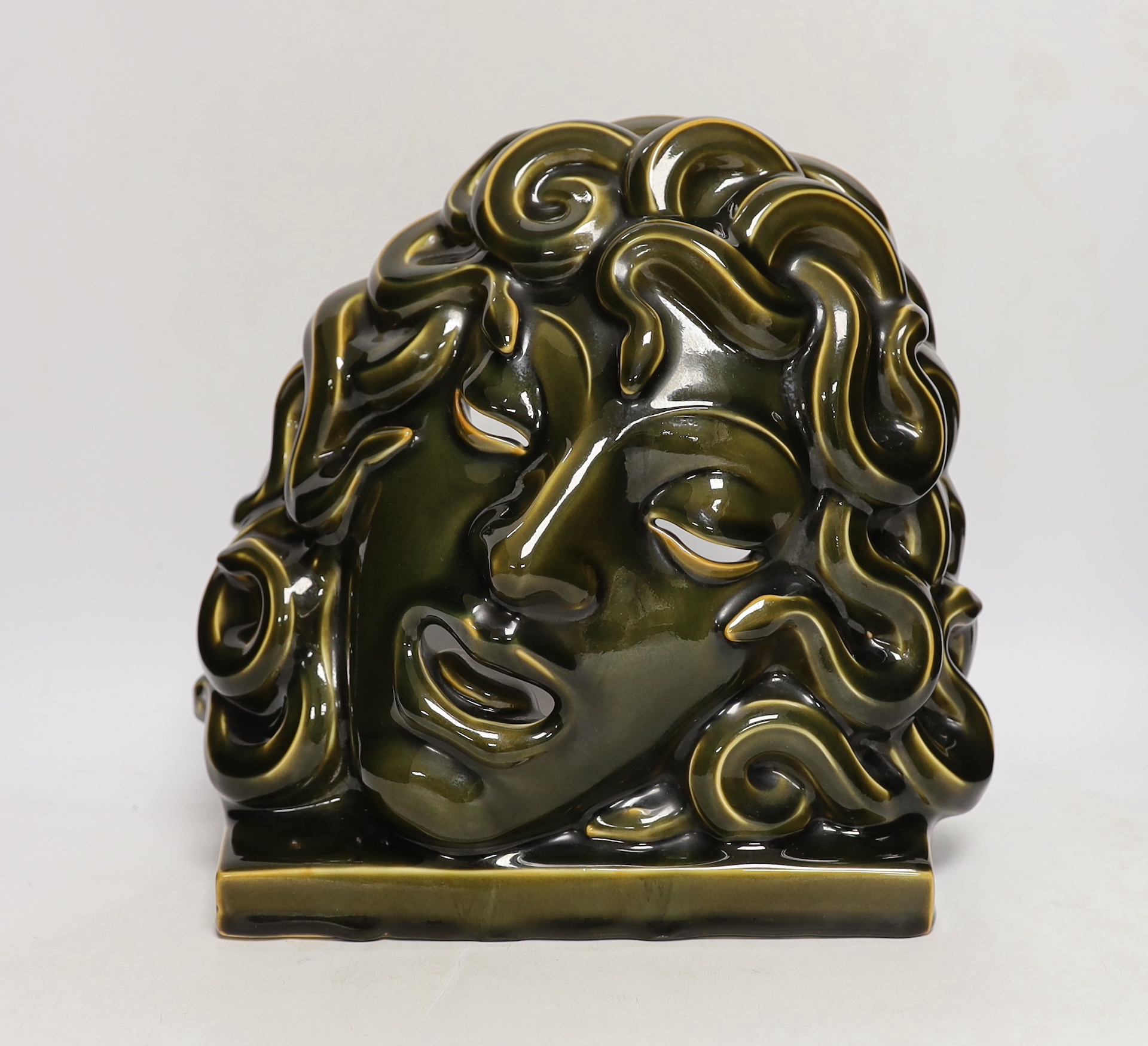 An unusual colour way Royal Copenhagen pottery glazed mask of Medusa, numbered 2950 to the base, possibly a trial piece, 28cm